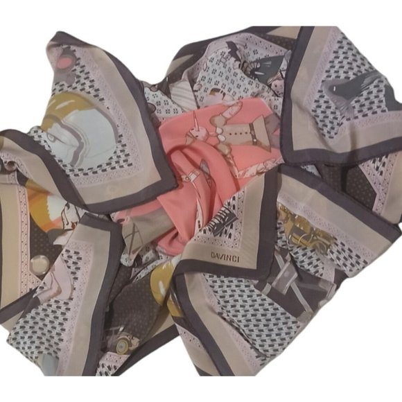 DAVINCI Black & Pink With Art Print Silk Scarf 35"/ 32” EX COND - Picture 9 of 12